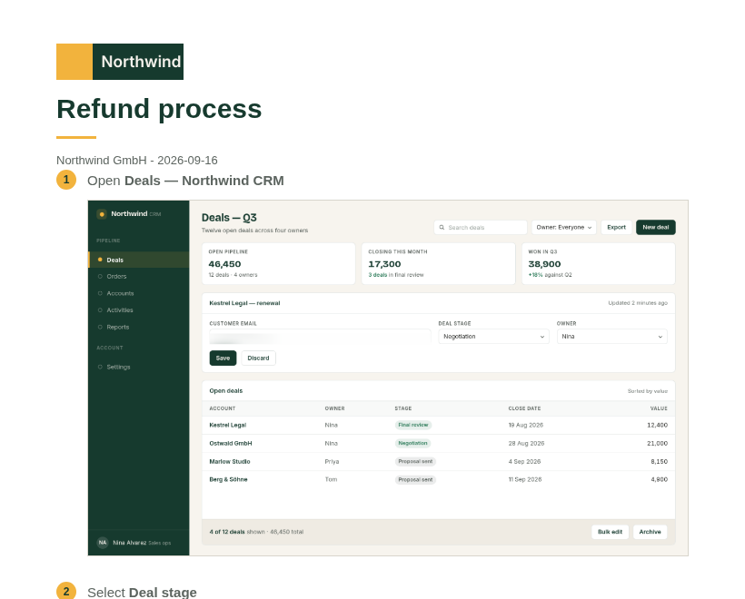 Der HTML-Export in einer Datei, geöffnet im Browser: der Markenblock, der Titel Refund process und Schritt 1 mit seinem Screenshot.