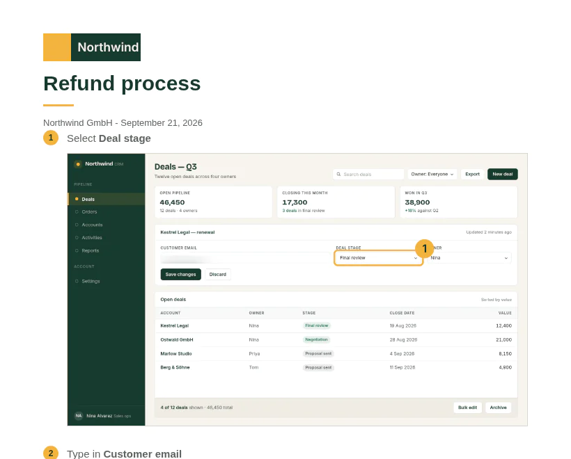The single-file HTML export open in a browser: the brand block, the title Refund process, and step 1 with its screenshot.