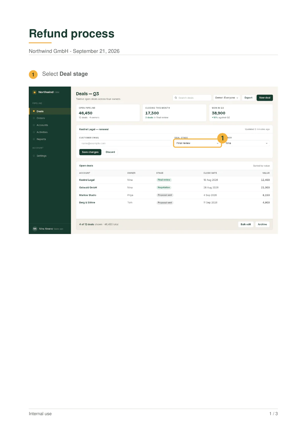 Page one of a guide exported to PDF: the title Refund process underlined in yellow, the line Northwind GmbH and the date, then step 1, Select Deal stage, with a screenshot of the CRM in which the deal stage field is ringed in yellow and carries a round badge reading 1. At the foot of the page, Internal use on the left and 1 / 3 on the right.