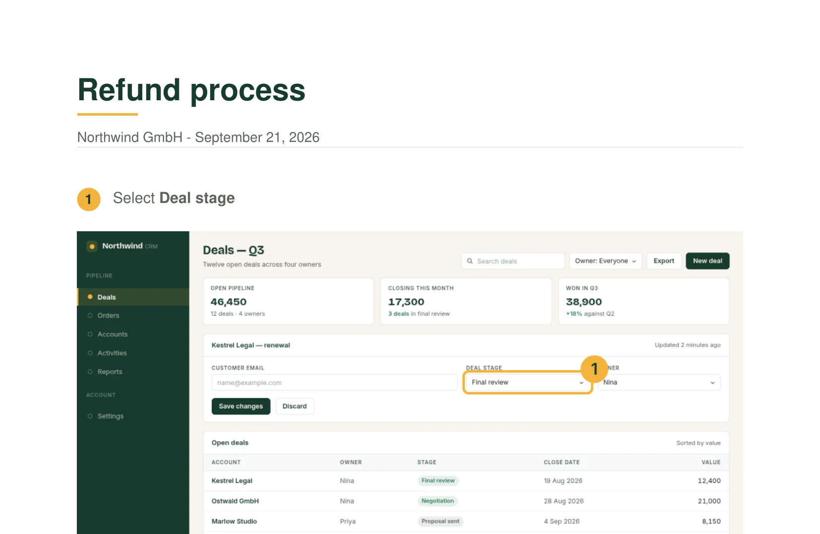 Der Kopf von Seite 1 des exportierten PDFs: der Titel Refund process gelb unterstrichen, die Zeile Northwind GmbH - 2026-09-16 und Schritt 1 mit seinem Screenshot.